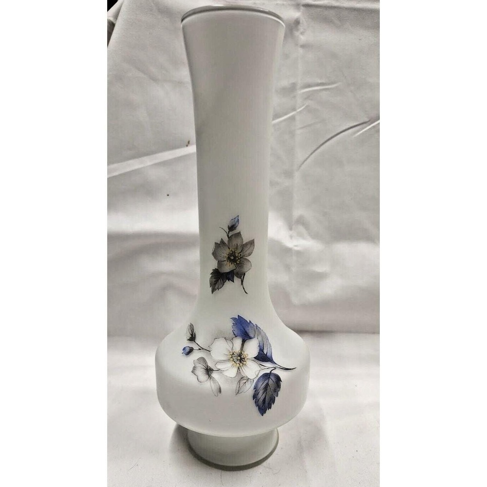 VTG Norleans Footed White Satin Frosted Glass Vase Hand Painted Floral Pattern